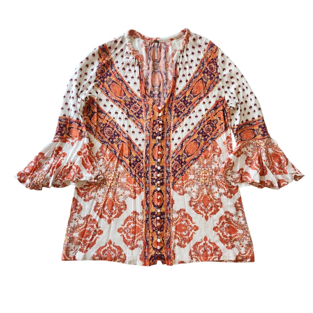 Free People Orange Paisley Bell Sleeve Button Boho Shirt Blouse Tunic Top XS